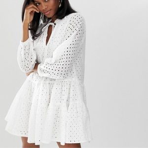 ASOS DESIGN Tiered Trapeze Mini Dress in Broderie White US Size 10